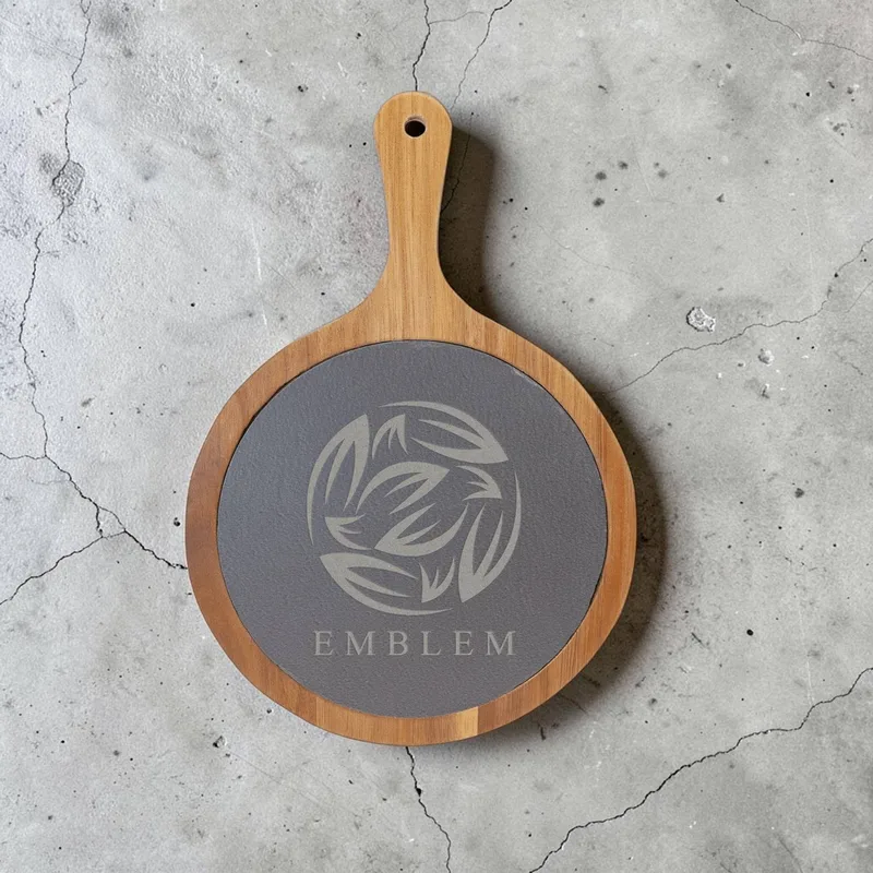 Round Acacia Wood/Slate Serving Board with Handle